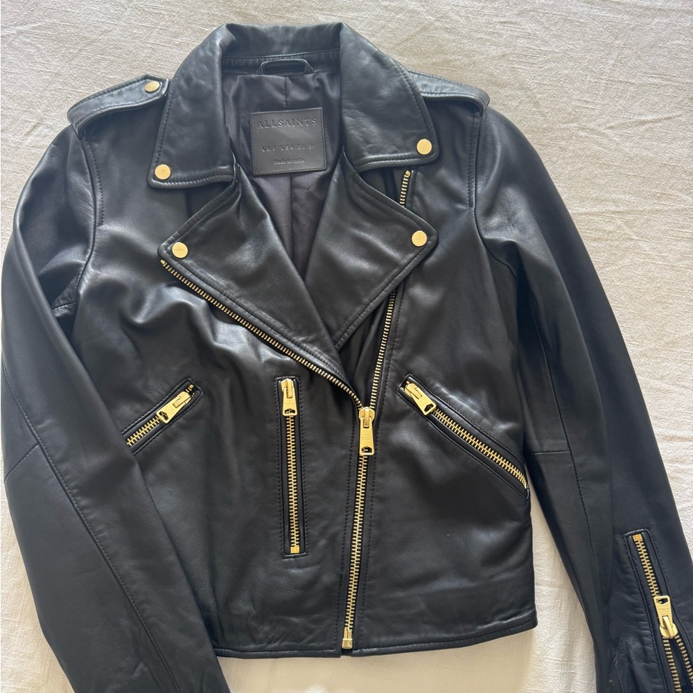 All Saints Black Leather Jacket with Gold Zippers